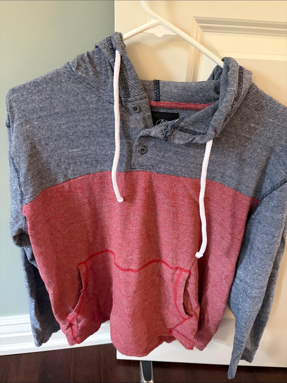 Two-Tone Hooded Pullover Sweatshirt - Red and Gray